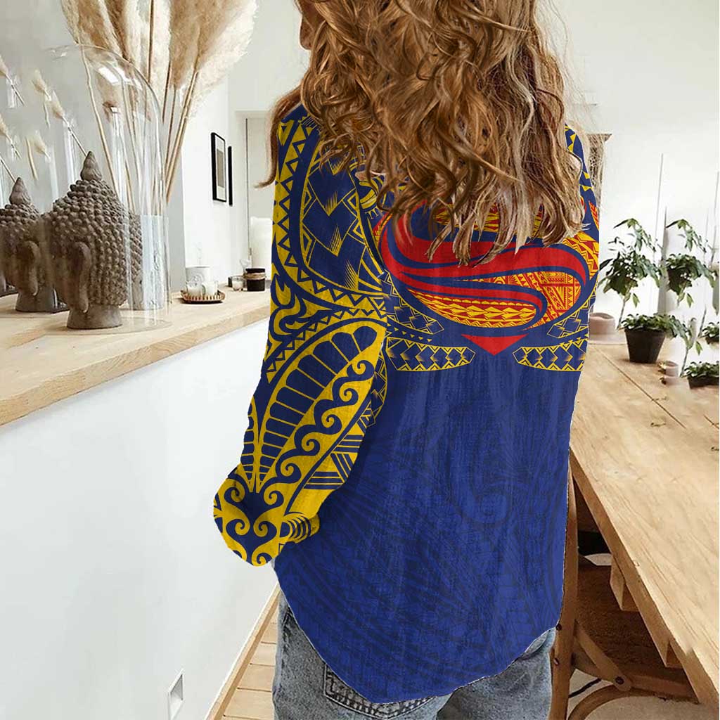 Super Samoan Traditional Tribal Art Tattoos Women Casual Shirt Blue Color LT03 - Polynesian Pride