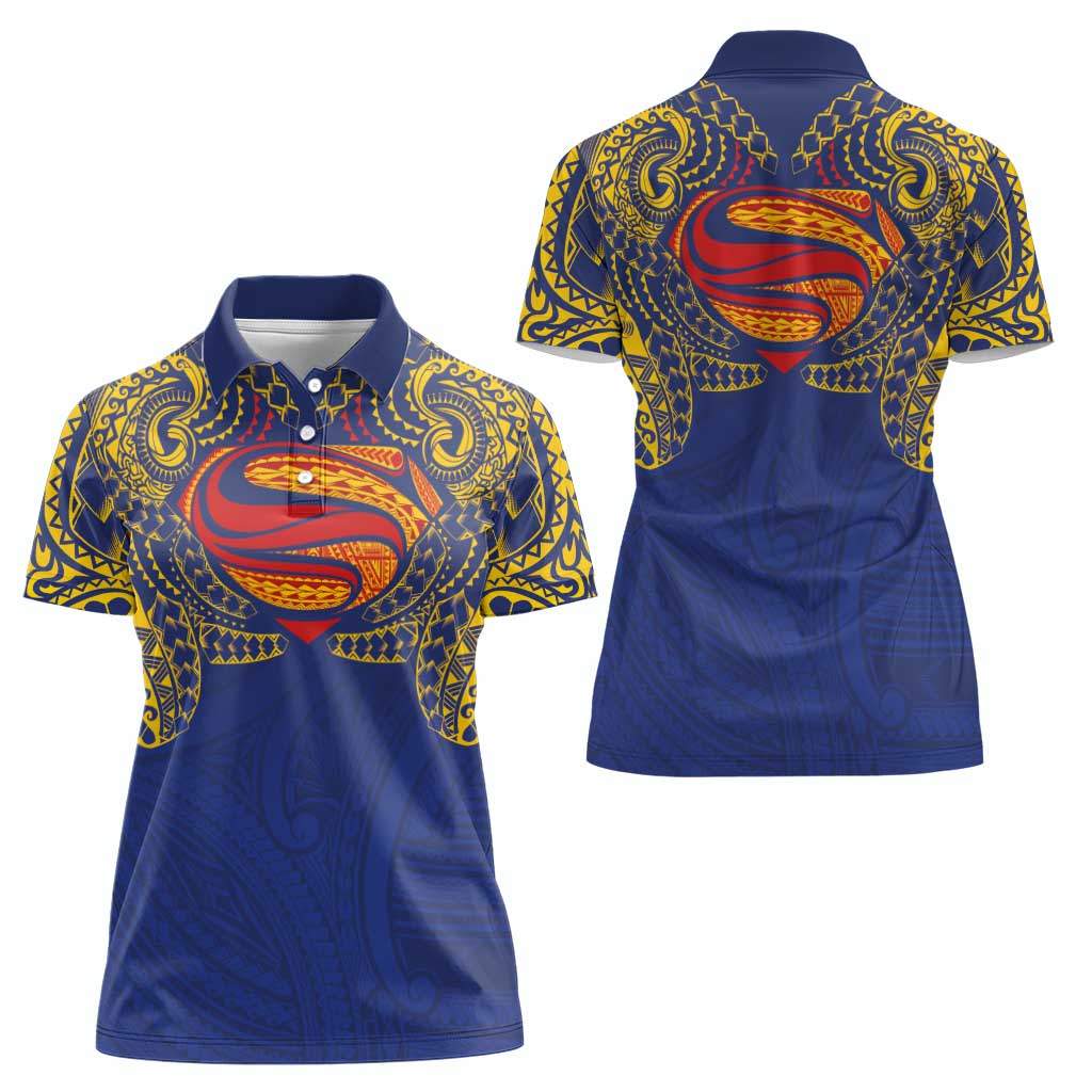 Super Samoan Traditional Tribal Art Tattoos Women Polo Shirt Blue Color - Polynesian Pride