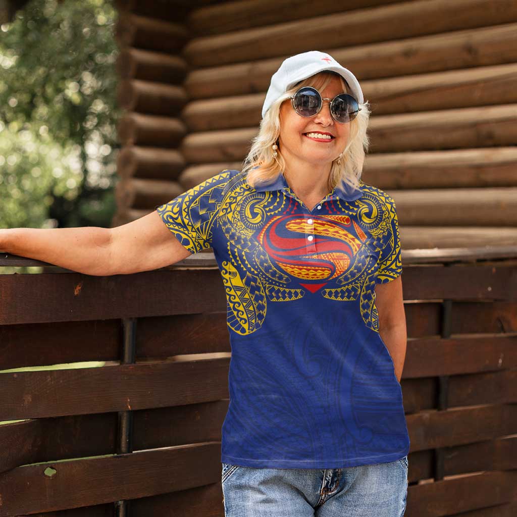 Super Samoan Traditional Tribal Art Tattoos Women Polo Shirt Blue Color - Polynesian Pride