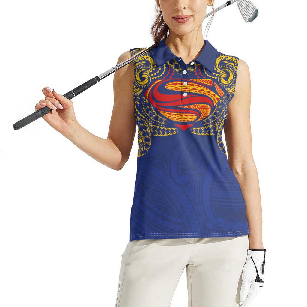 Super Samoan Traditional Tribal Art Tattoos Women Sleeveless Polo Shirt Blue Color LT03 - Polynesian Pride