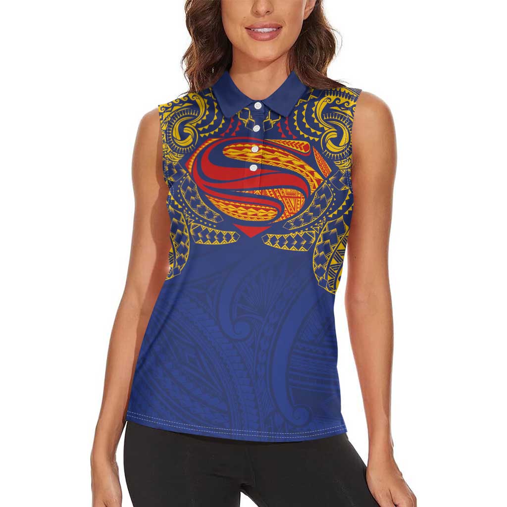 Super Samoan Traditional Tribal Art Tattoos Women Sleeveless Polo Shirt Blue Color LT03 - Polynesian Pride