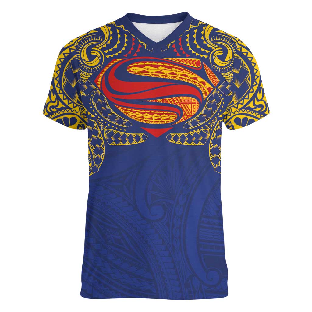 Super Samoan Traditional Tribal Art Tattoos Women V-Neck T-Shirt Blue Color LT03 Female Blue - Polynesian Pride