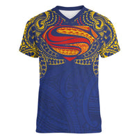 Super Samoan Traditional Tribal Art Tattoos Women V-Neck T-Shirt Blue Color LT03 Female Blue - Polynesian Pride