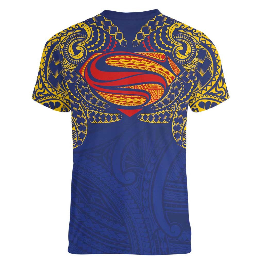 Super Samoan Traditional Tribal Art Tattoos Women V-Neck T-Shirt Blue Color LT03 - Polynesian Pride