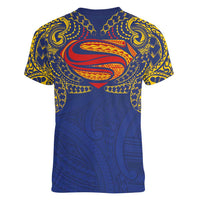 Super Samoan Traditional Tribal Art Tattoos Women V-Neck T-Shirt Blue Color LT03 - Polynesian Pride