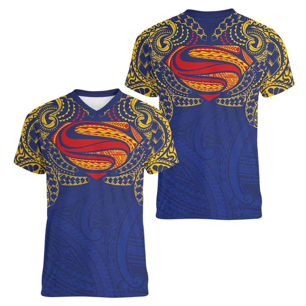 Super Samoan Traditional Tribal Art Tattoos Women V-Neck T-Shirt Blue Color LT03 - Polynesian Pride