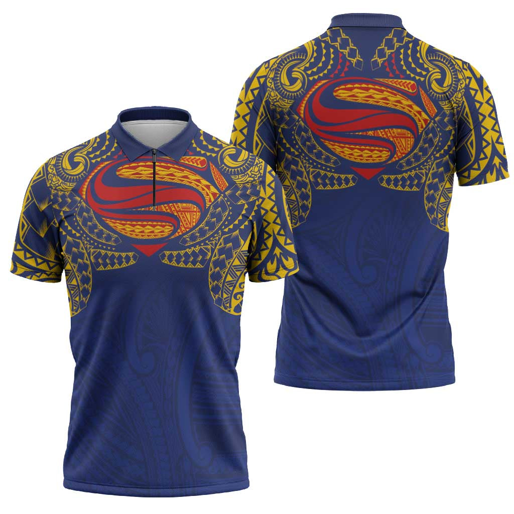 Super Samoan Traditional Tribal Art Tattoos Zipper Polo Shirt Blue Color LT03 - Polynesian Pride