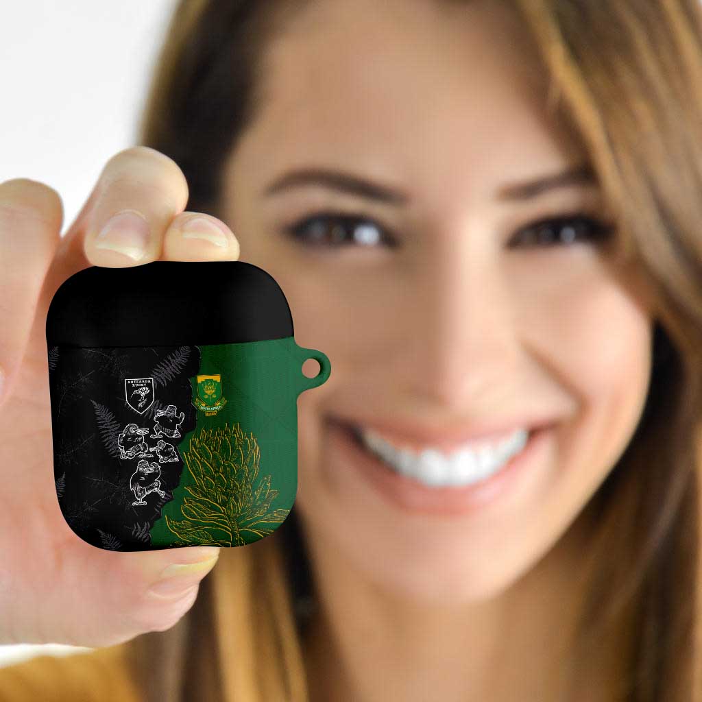 Aotearoa South Africa Rugby Freedom Cup AirPods Case Kiwi Warriors Haka with King Protea Symbol LT03 Green - Polynesian Pride