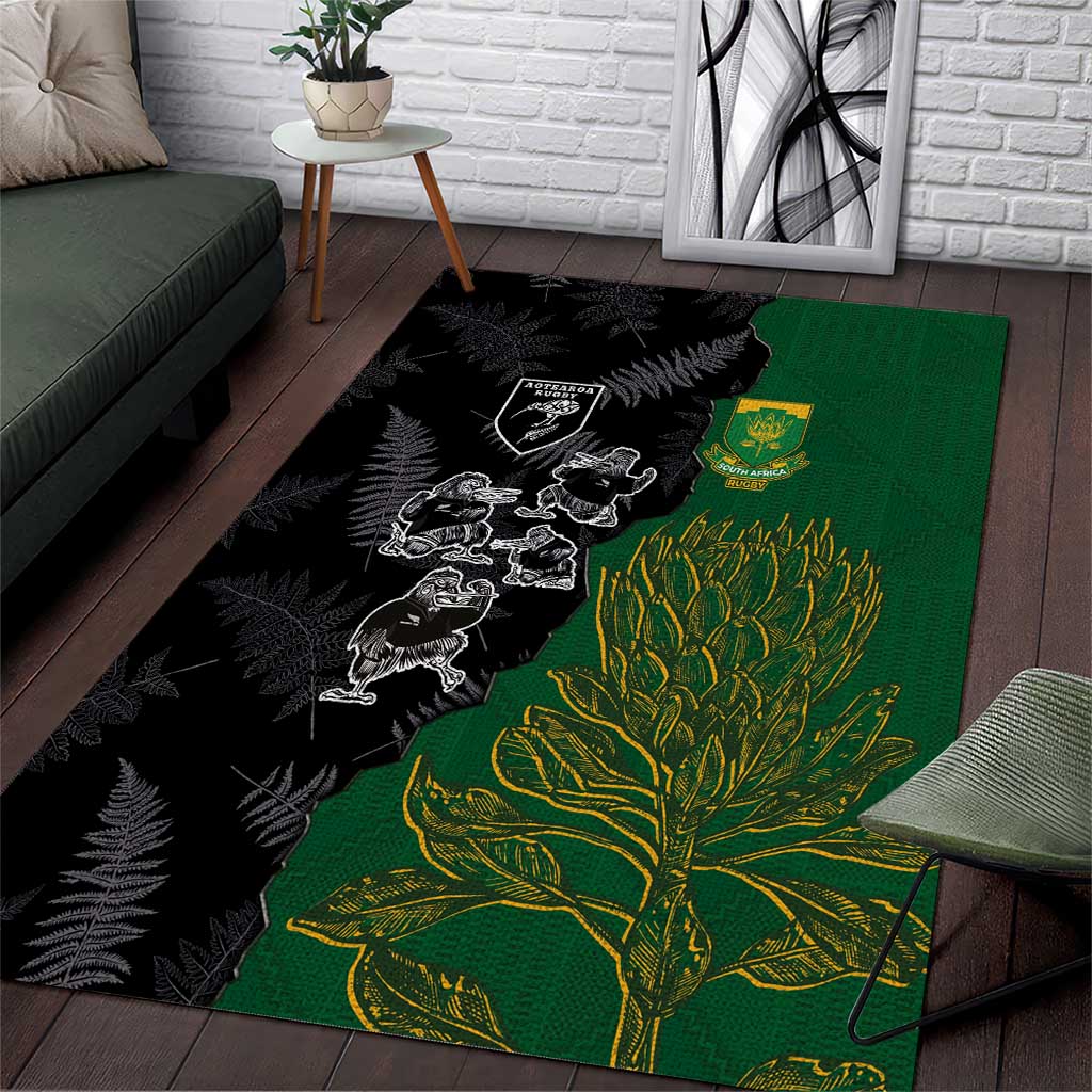 Aotearoa South Africa Rugby Freedom Cup Area Rug Kiwi Warriors Haka with King Protea Symbol LT03 Green - Polynesian Pride