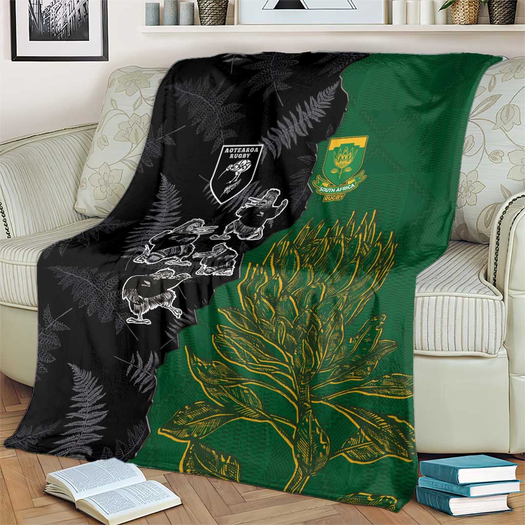 Aotearoa South Africa Rugby Freedom Cup Blanket Kiwi Warriors Haka with King Protea Symbol - Polynesian Pride