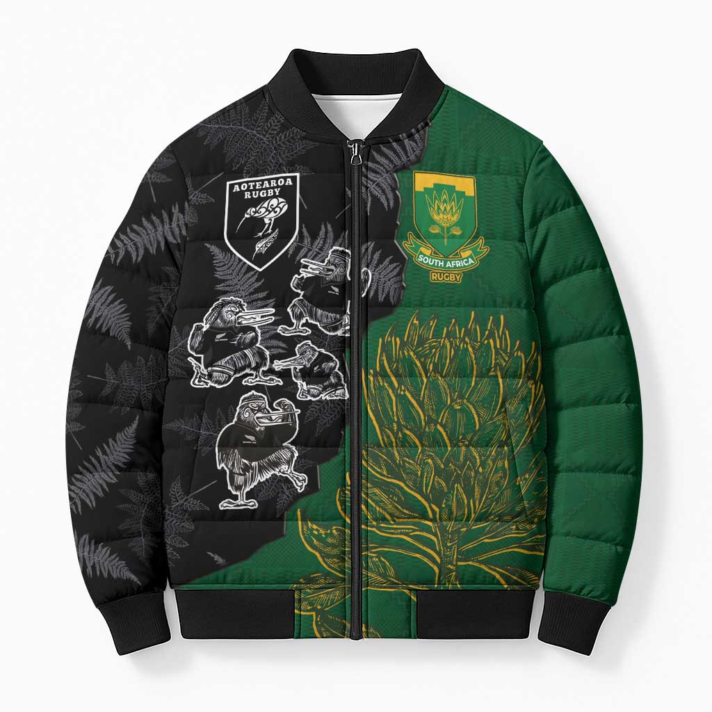 Custom Aotearoa South Africa Rugby Freedom Cup Bomber Puffer Jacket Kiwi Warriors Haka with King Protea Symbol - Polynesian Pride