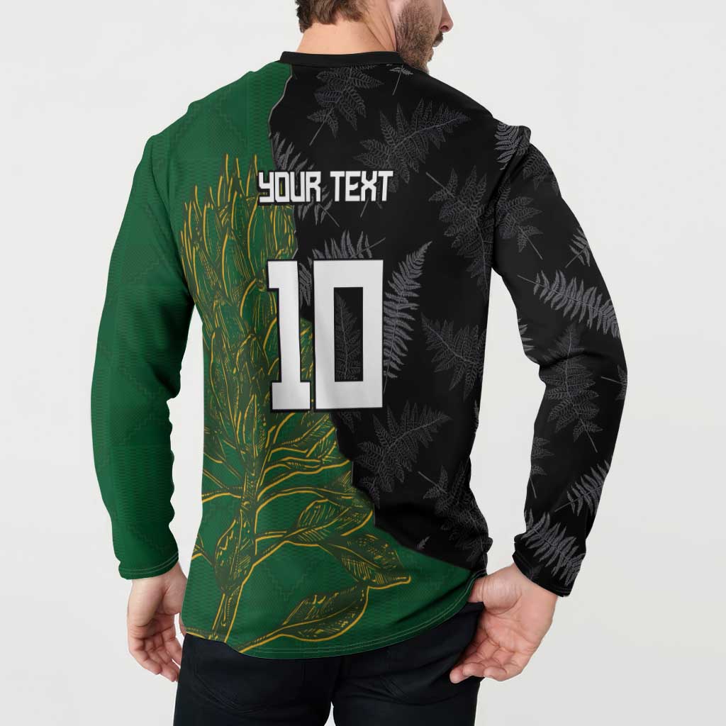 Custom Aotearoa South Africa Rugby Freedom Cup Button Sweatshirt Kiwi Warriors Haka with King Protea Symbol - Polynesian Pride