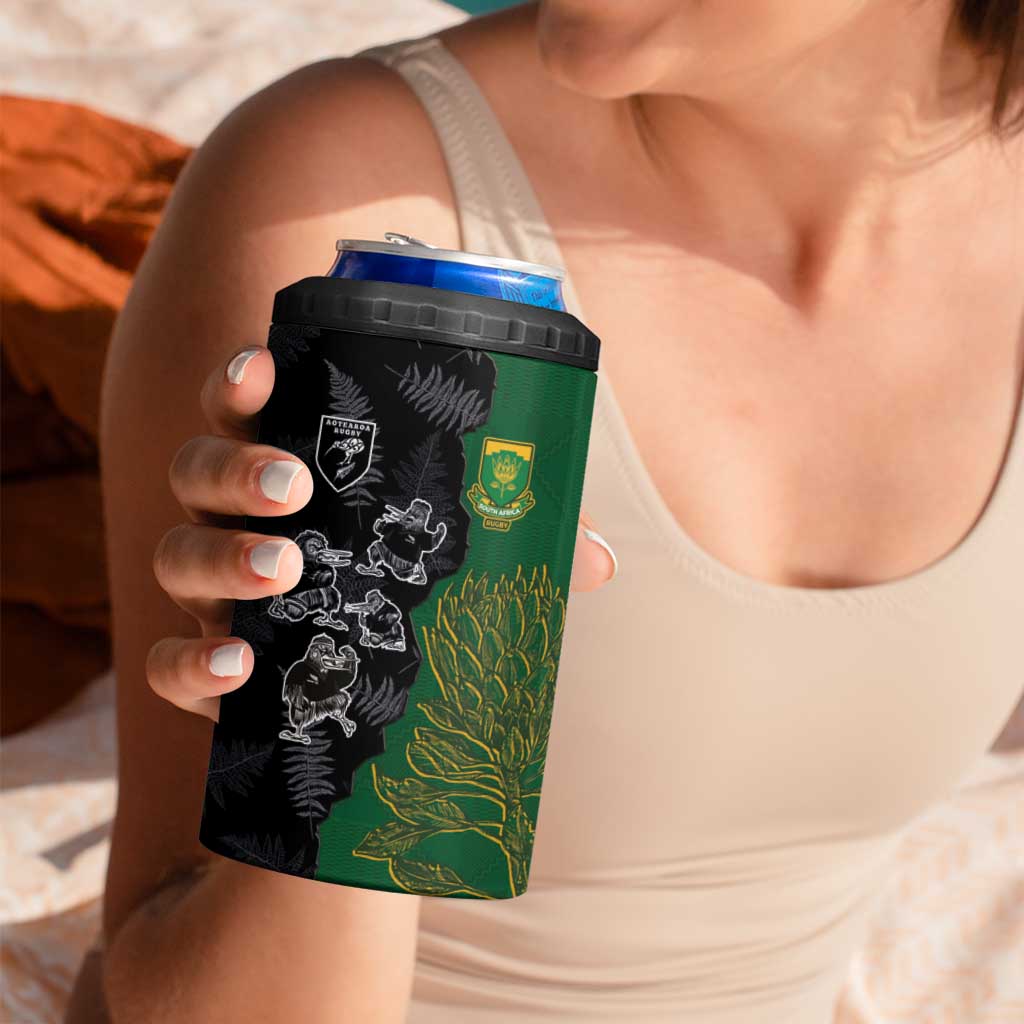 Custom Aotearoa South Africa Rugby Freedom Cup 4 in 1 Can Cooler Tumbler Kiwi Warriors Haka with King Protea Symbol LT03 - Polynesian Pride