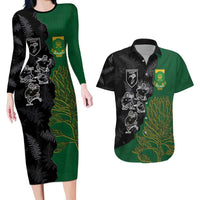 Custom Aotearoa South Africa Rugby Freedom Cup Couples Matching Long Sleeve Bodycon Dress and Hawaiian Shirt Kiwi Warriors Haka with King Protea Symbol LT03 Green - Polynesian Pride
