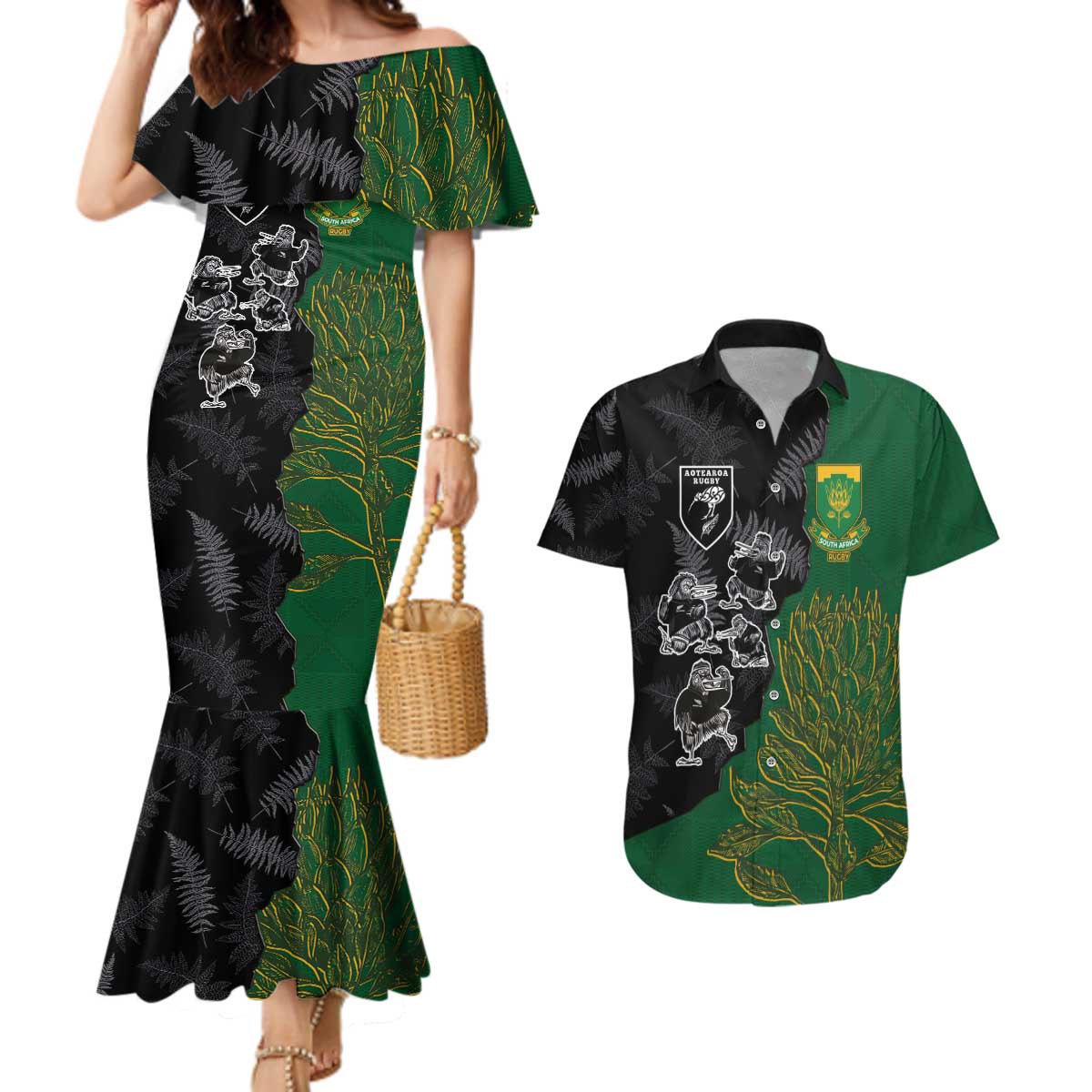 Custom Aotearoa South Africa Rugby Freedom Cup Couples Matching Mermaid Dress and Hawaiian Shirt Kiwi Warriors Haka with King Protea Symbol LT03 Green - Polynesian Pride