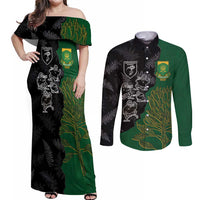 Custom Aotearoa South Africa Rugby Freedom Cup Couples Matching Off Shoulder Maxi Dress and Long Sleeve Button Shirt Kiwi Warriors Haka with King Protea Symbol LT03 Green - Polynesian Pride