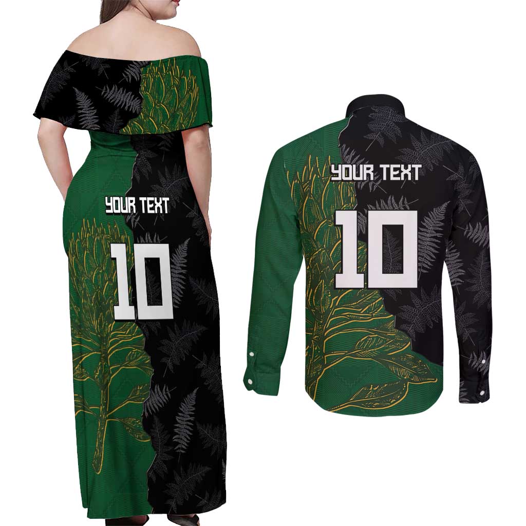 Custom Aotearoa South Africa Rugby Freedom Cup Couples Matching Off Shoulder Maxi Dress and Long Sleeve Button Shirt Kiwi Warriors Haka with King Protea Symbol LT03 - Polynesian Pride
