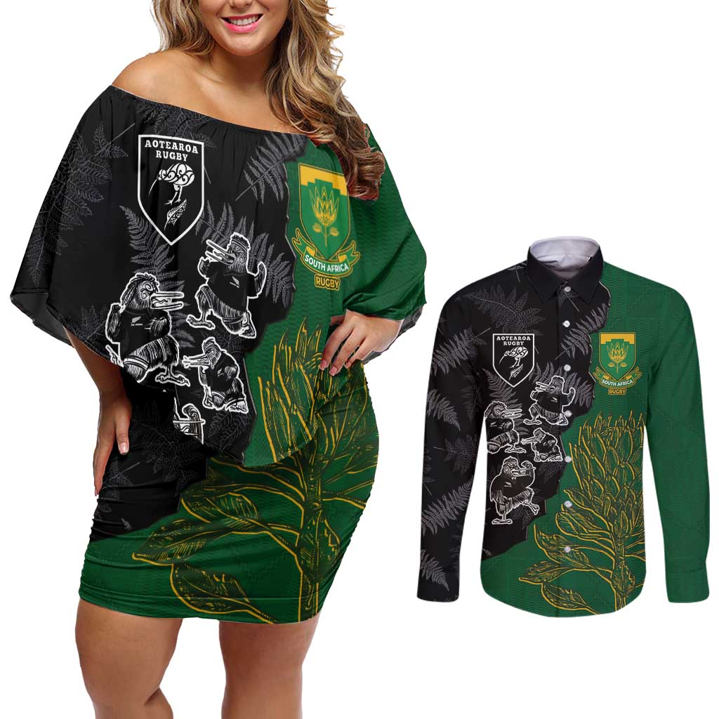 Custom Aotearoa South Africa Rugby Freedom Cup Couples Matching Off Shoulder Short Dress and Long Sleeve Button Shirt Kiwi Warriors Haka with King Protea Symbol - Polynesian Pride