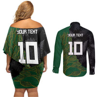 Custom Aotearoa South Africa Rugby Freedom Cup Couples Matching Off Shoulder Short Dress and Long Sleeve Button Shirt Kiwi Warriors Haka with King Protea Symbol LT03 - Polynesian Pride