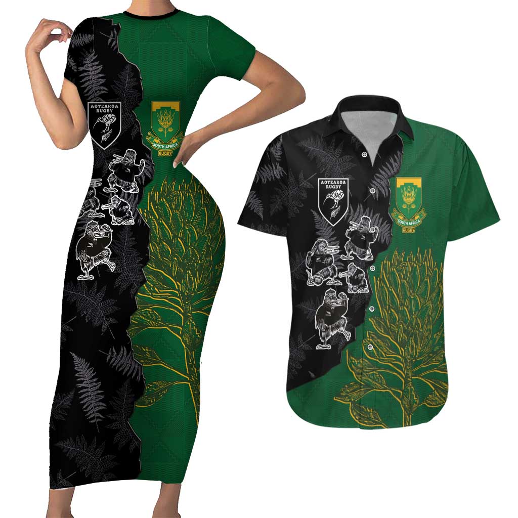 Custom Aotearoa South Africa Rugby Freedom Cup Couples Matching Short Sleeve Bodycon Dress and Hawaiian Shirt Kiwi Warriors Haka with King Protea Symbol LT03 Green - Polynesian Pride