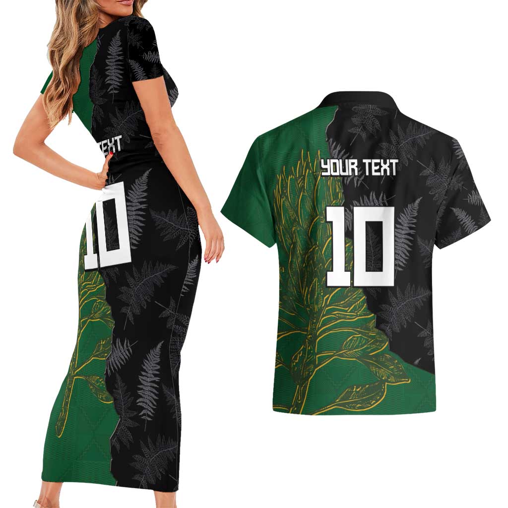 Custom Aotearoa South Africa Rugby Freedom Cup Couples Matching Short Sleeve Bodycon Dress and Hawaiian Shirt Kiwi Warriors Haka with King Protea Symbol LT03 - Polynesian Pride
