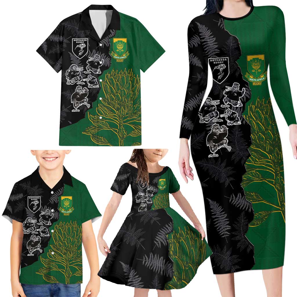 Custom Aotearoa South Africa Rugby Freedom Cup Family Matching Long Sleeve Bodycon Dress and Hawaiian Shirt Kiwi Warriors Haka with King Protea Symbol LT03 - Polynesian Pride