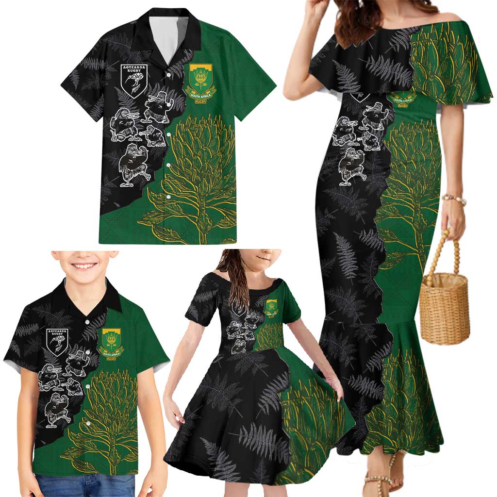 Custom Aotearoa South Africa Rugby Freedom Cup Family Matching Mermaid Dress and Hawaiian Shirt Kiwi Warriors Haka with King Protea Symbol LT03 - Polynesian Pride