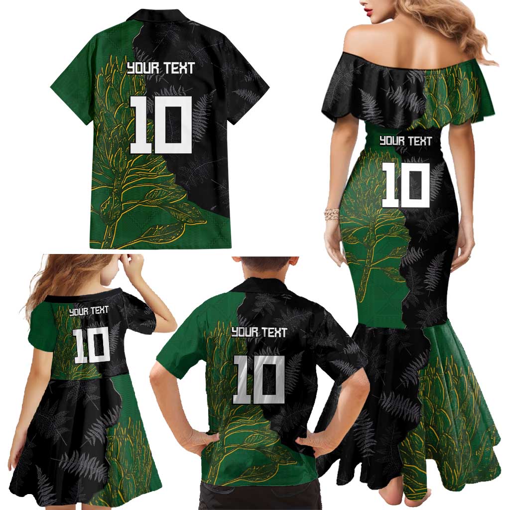 Custom Aotearoa South Africa Rugby Freedom Cup Family Matching Mermaid Dress and Hawaiian Shirt Kiwi Warriors Haka with King Protea Symbol LT03 - Polynesian Pride