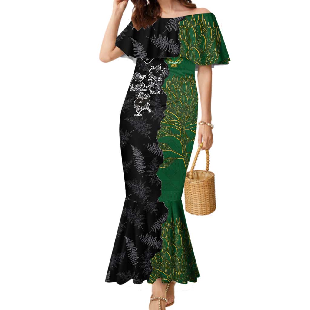 Custom Aotearoa South Africa Rugby Freedom Cup Family Matching Mermaid Dress and Hawaiian Shirt Kiwi Warriors Haka with King Protea Symbol LT03 Mom's Dress Green - Polynesian Pride