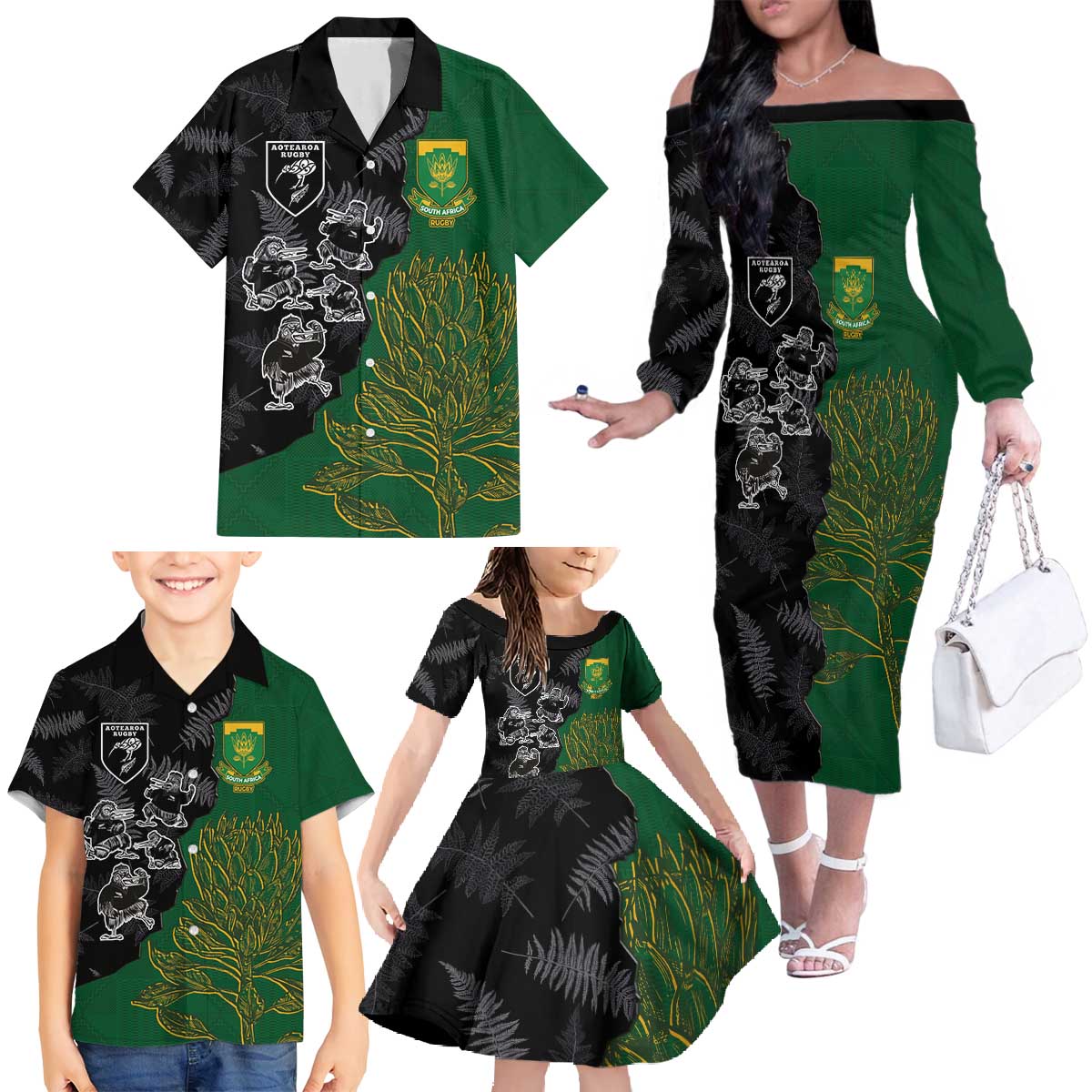 Custom Aotearoa South Africa Rugby Freedom Cup Family Matching Off The Shoulder Long Sleeve Dress and Hawaiian Shirt Kiwi Warriors Haka with King Protea Symbol LT03 - Polynesian Pride