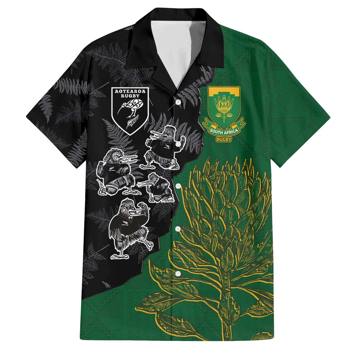 Custom Aotearoa South Africa Rugby Freedom Cup Family Matching Off The Shoulder Long Sleeve Dress and Hawaiian Shirt Kiwi Warriors Haka with King Protea Symbol LT03 Dad's Shirt - Short Sleeve Green - Polynesian Pride