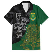 Custom Aotearoa South Africa Rugby Freedom Cup Family Matching Off Shoulder Maxi Dress and Hawaiian Shirt Kiwi Warriors Haka with King Protea Symbol LT03 Dad's Shirt - Short Sleeve Green - Polynesian Pride