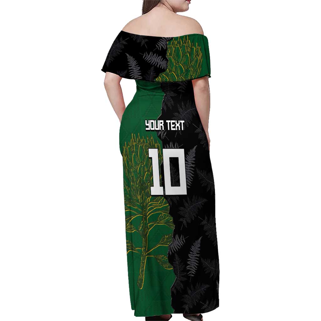 Custom Aotearoa South Africa Rugby Freedom Cup Family Matching Off Shoulder Maxi Dress and Hawaiian Shirt Kiwi Warriors Haka with King Protea Symbol LT03 - Polynesian Pride
