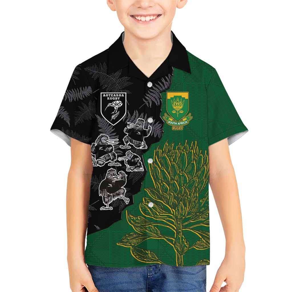 Custom Aotearoa South Africa Rugby Freedom Cup Family Matching Off Shoulder Maxi Dress and Hawaiian Shirt Kiwi Warriors Haka with King Protea Symbol LT03 Son's Shirt Green - Polynesian Pride