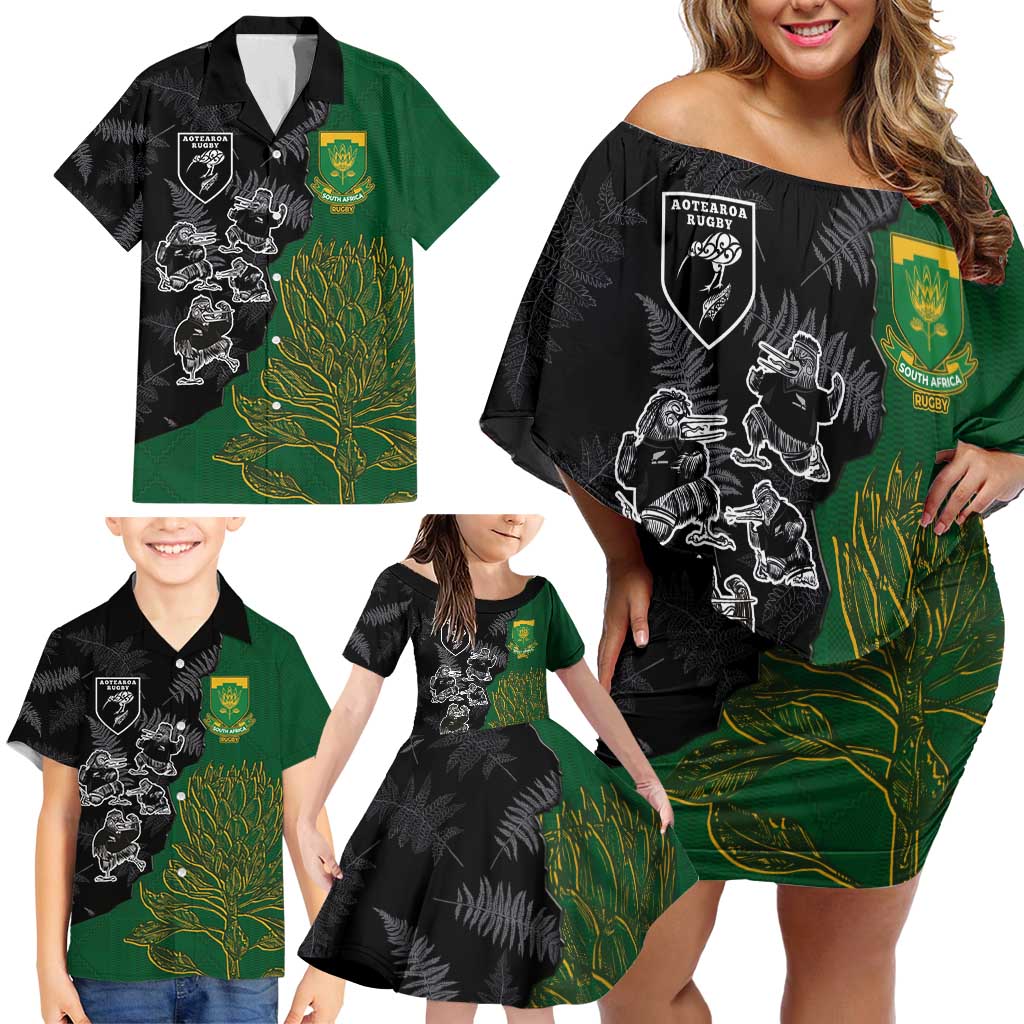 Custom Aotearoa South Africa Rugby Freedom Cup Family Matching Off Shoulder Short Dress and Hawaiian Shirt Kiwi Warriors Haka with King Protea Symbol LT03 - Polynesian Pride