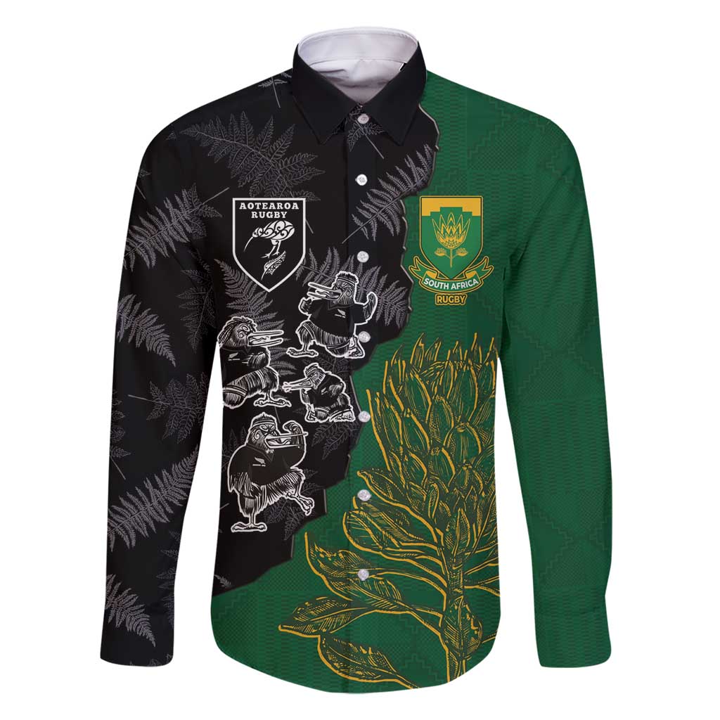 Custom Aotearoa South Africa Rugby Freedom Cup Family Matching Off Shoulder Short Dress and Hawaiian Shirt Kiwi Warriors Haka with King Protea Symbol LT03 Dad's Shirt - Long Sleeve Green - Polynesian Pride
