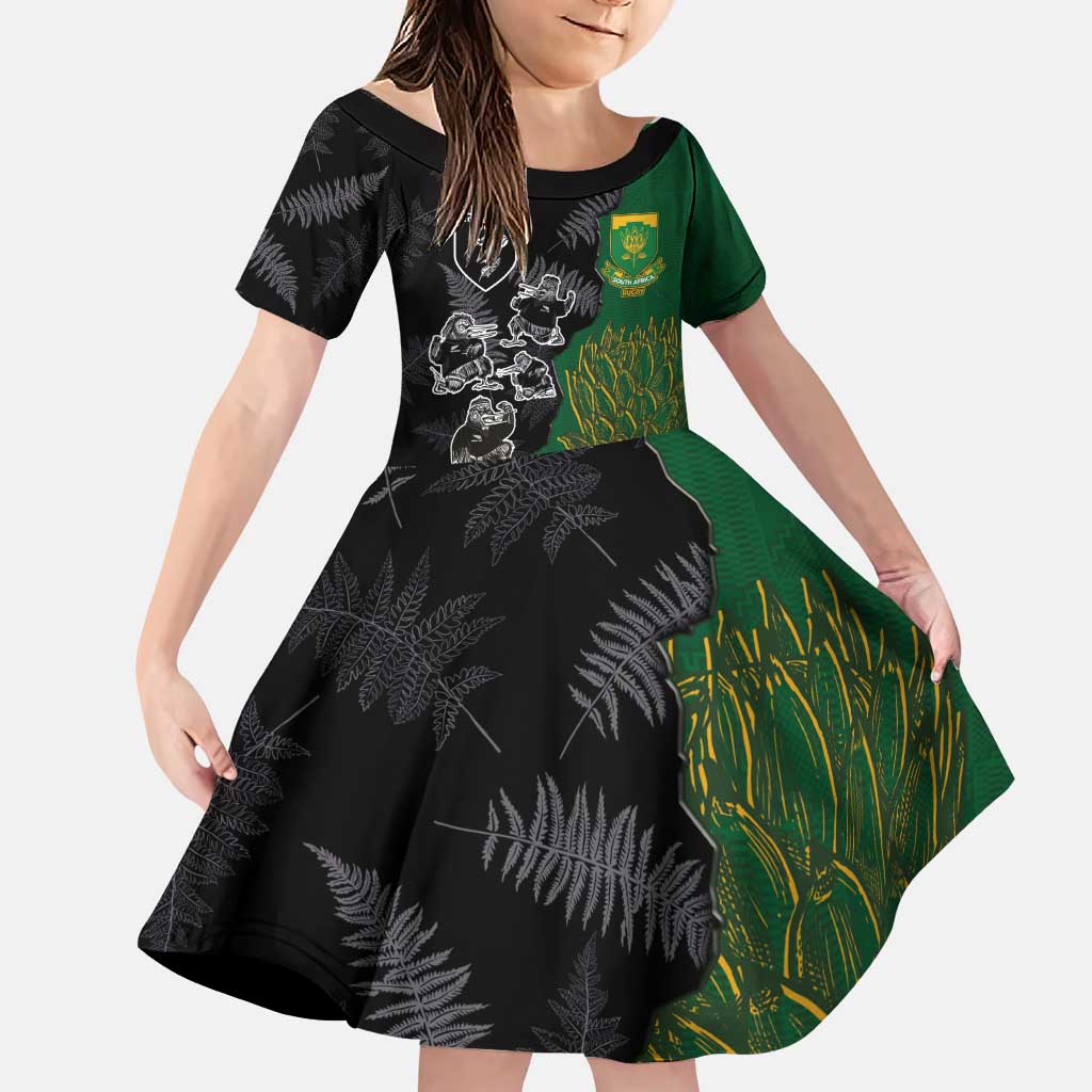 Custom Aotearoa South Africa Rugby Freedom Cup Family Matching Puletasi and Hawaiian Shirt Kiwi Warriors Haka with King Protea Symbol LT03 Daughter's Dress Green - Polynesian Pride