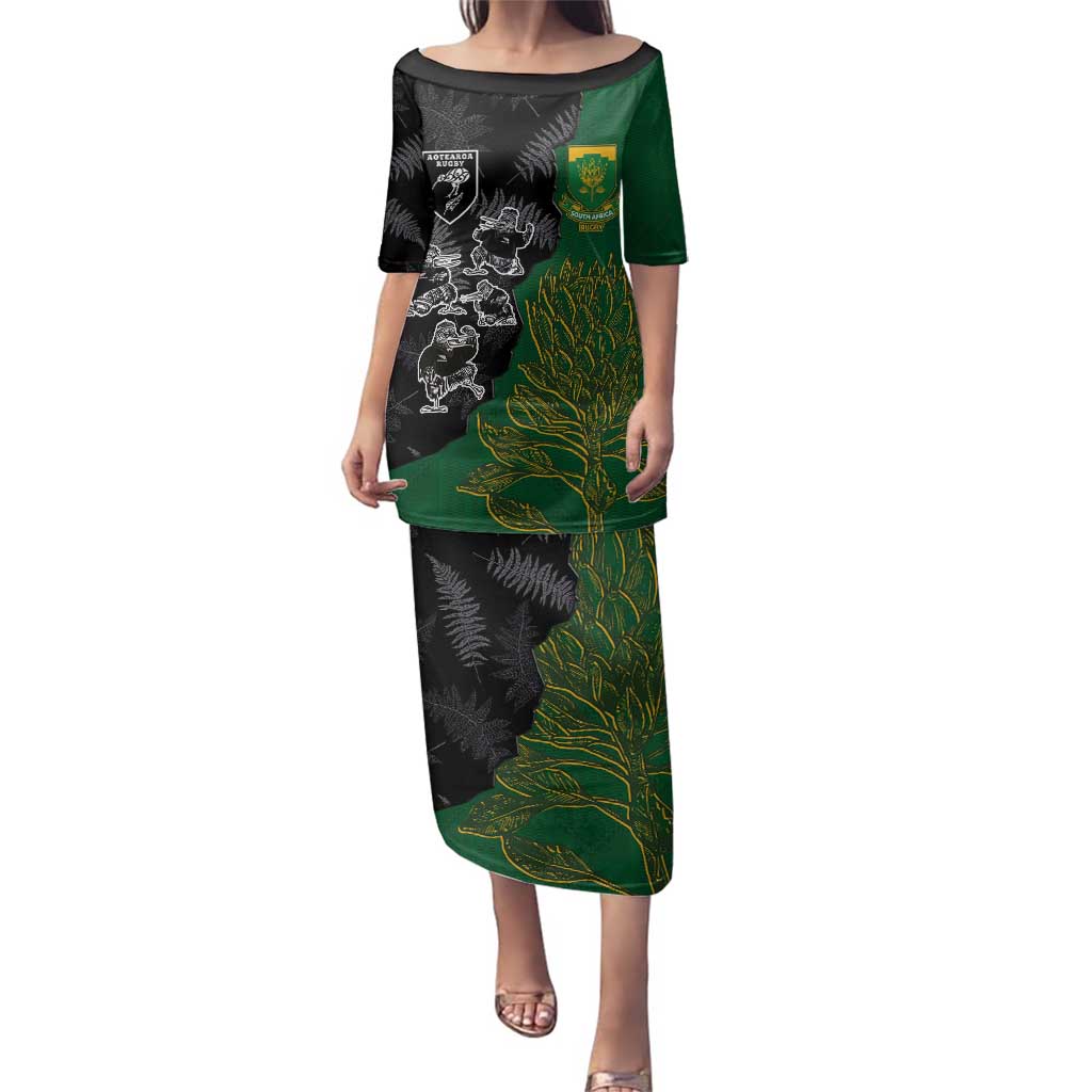 Custom Aotearoa South Africa Rugby Freedom Cup Family Matching Puletasi and Hawaiian Shirt Kiwi Warriors Haka with King Protea Symbol LT03 Mom's Dress Green - Polynesian Pride