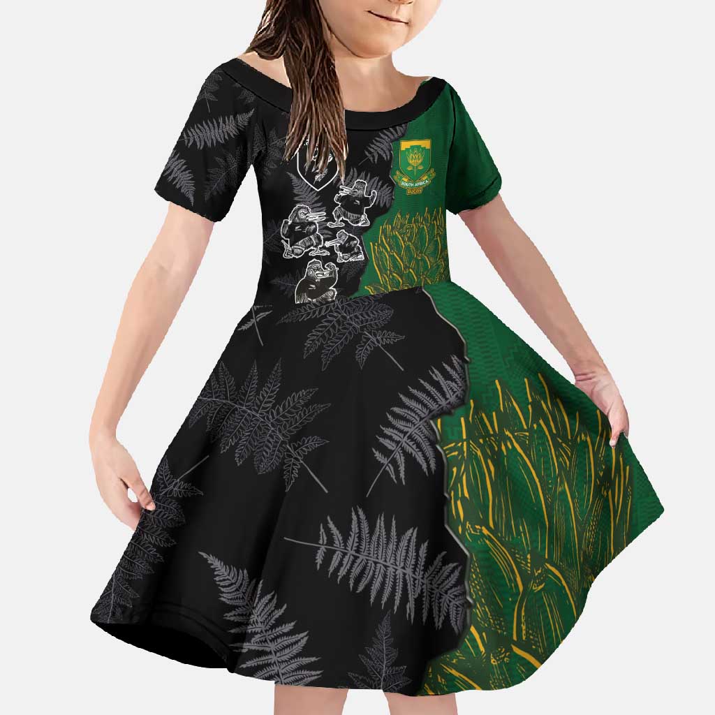 Custom Aotearoa South Africa Rugby Freedom Cup Family Matching Short Sleeve Bodycon Dress and Hawaiian Shirt Kiwi Warriors Haka with King Protea Symbol LT03 Daughter's Dress Green - Polynesian Pride