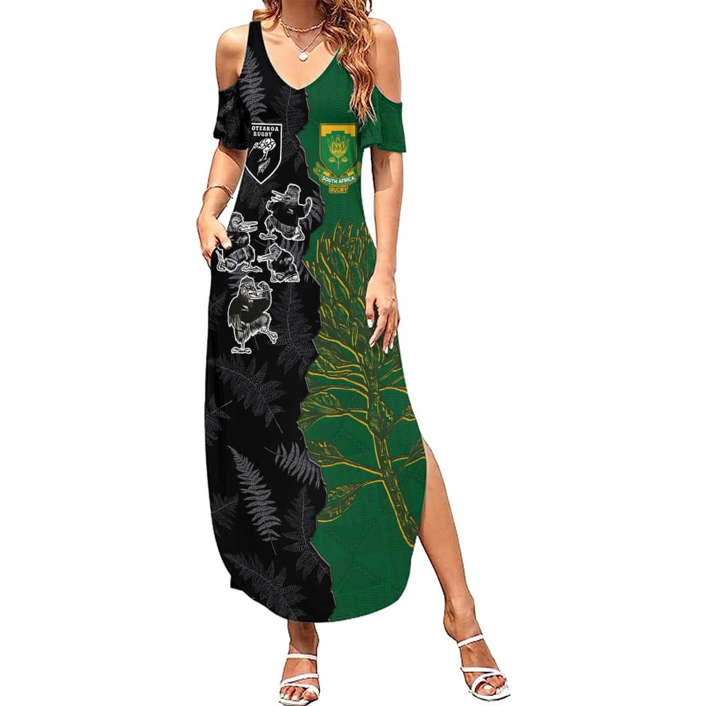 Custom Aotearoa South Africa Rugby Freedom Cup Family Matching Summer Maxi Dress and Hawaiian Shirt Kiwi Warriors Haka with King Protea Symbol LT03 Mom's Dress Green - Polynesian Pride