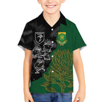 Custom Aotearoa South Africa Rugby Freedom Cup Family Matching Summer Maxi Dress and Hawaiian Shirt Kiwi Warriors Haka with King Protea Symbol LT03 Son's Shirt Green - Polynesian Pride