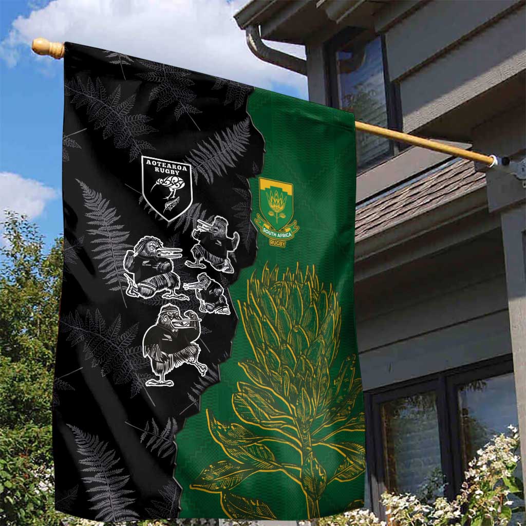 Aotearoa South Africa Rugby Freedom Cup Garden Flag Kiwi Warriors Haka with King Protea Symbol LT03 - Polynesian Pride