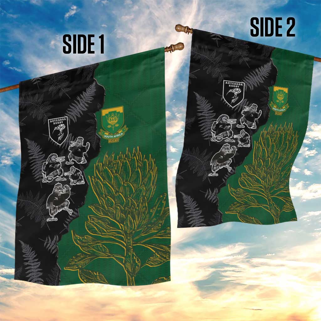 Aotearoa South Africa Rugby Freedom Cup Garden Flag Kiwi Warriors Haka with King Protea Symbol LT03 - Polynesian Pride