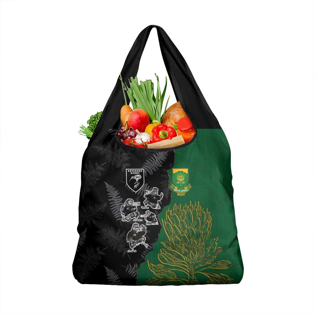 Aotearoa South Africa Rugby Freedom Cup Grocery Bag Kiwi Warriors Haka with King Protea Symbol LT03 1-pack One Size Green - Polynesian Pride