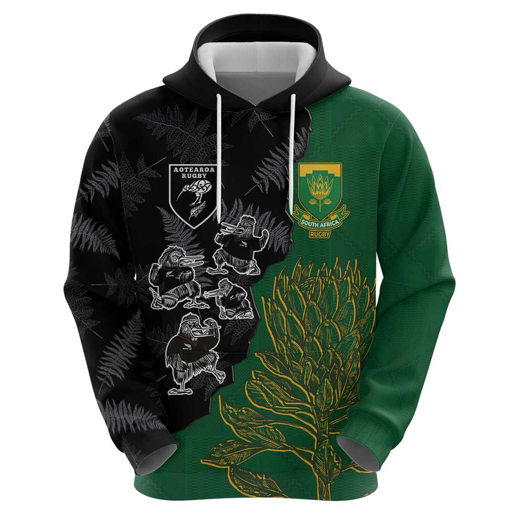 Custom Aotearoa South Africa Rugby Freedom Cup Hoodie Kiwi Warriors Haka with King Protea Symbol LT03 - Polynesian Pride