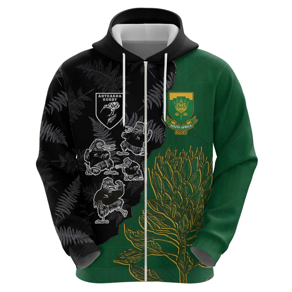 Custom Aotearoa South Africa Rugby Freedom Cup Hoodie Kiwi Warriors Haka with King Protea Symbol LT03 - Polynesian Pride