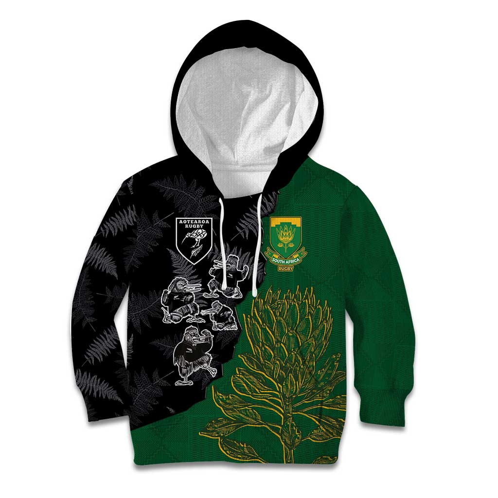 Custom Aotearoa South Africa Rugby Freedom Cup Kid Hoodie Kiwi Warriors Haka with King Protea Symbol LT03 Hoodie Green - Polynesian Pride