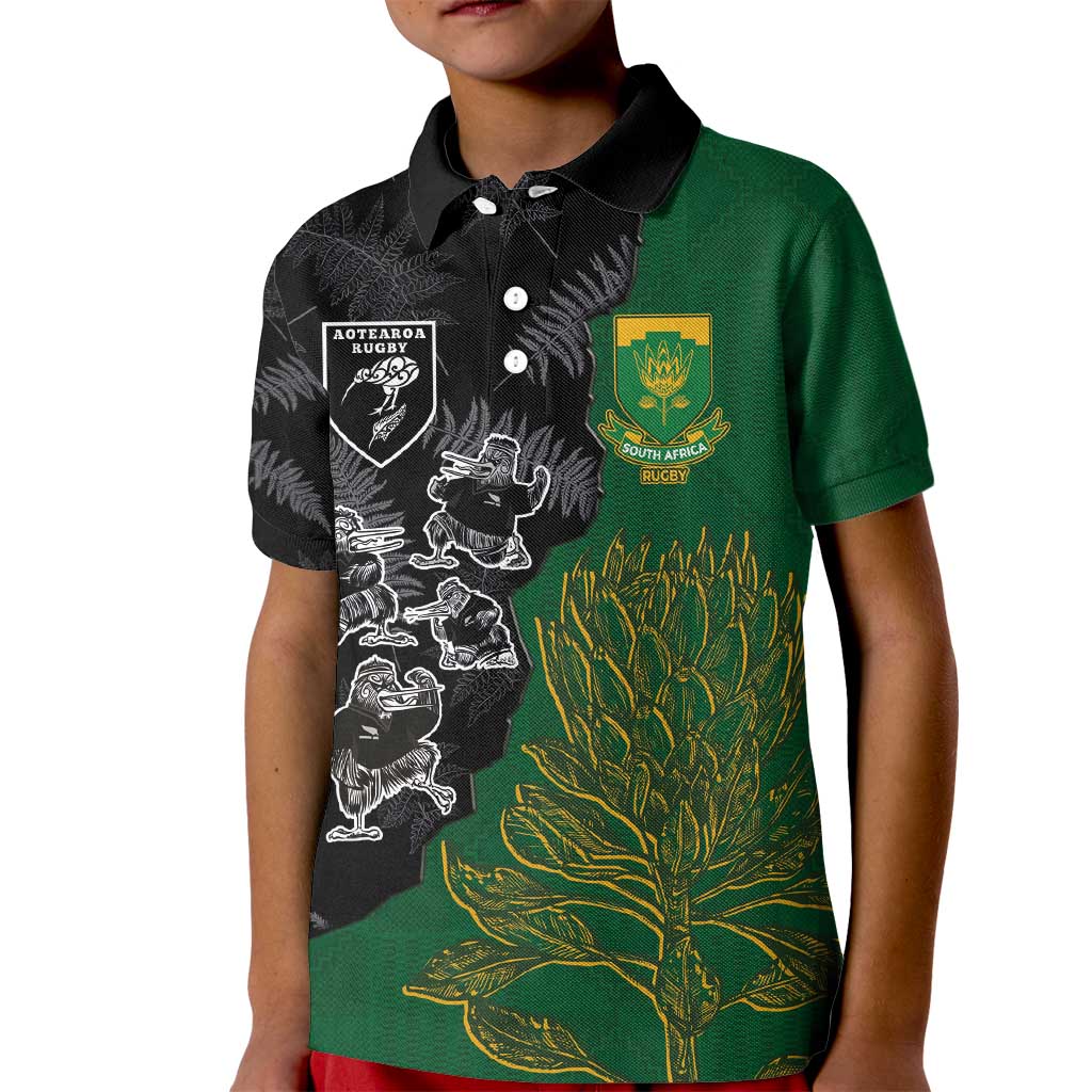 Custom Aotearoa South Africa Rugby Freedom Cup Kid Polo Shirt Kiwi Warriors Haka with King Protea Symbol LT03 Kid Green - Polynesian Pride