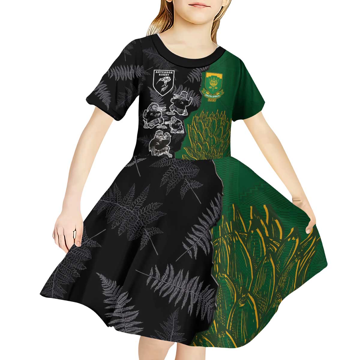 Custom Aotearoa South Africa Rugby Freedom Cup Kid Short Sleeve Dress Kiwi Warriors Haka with King Protea Symbol - Polynesian Pride
