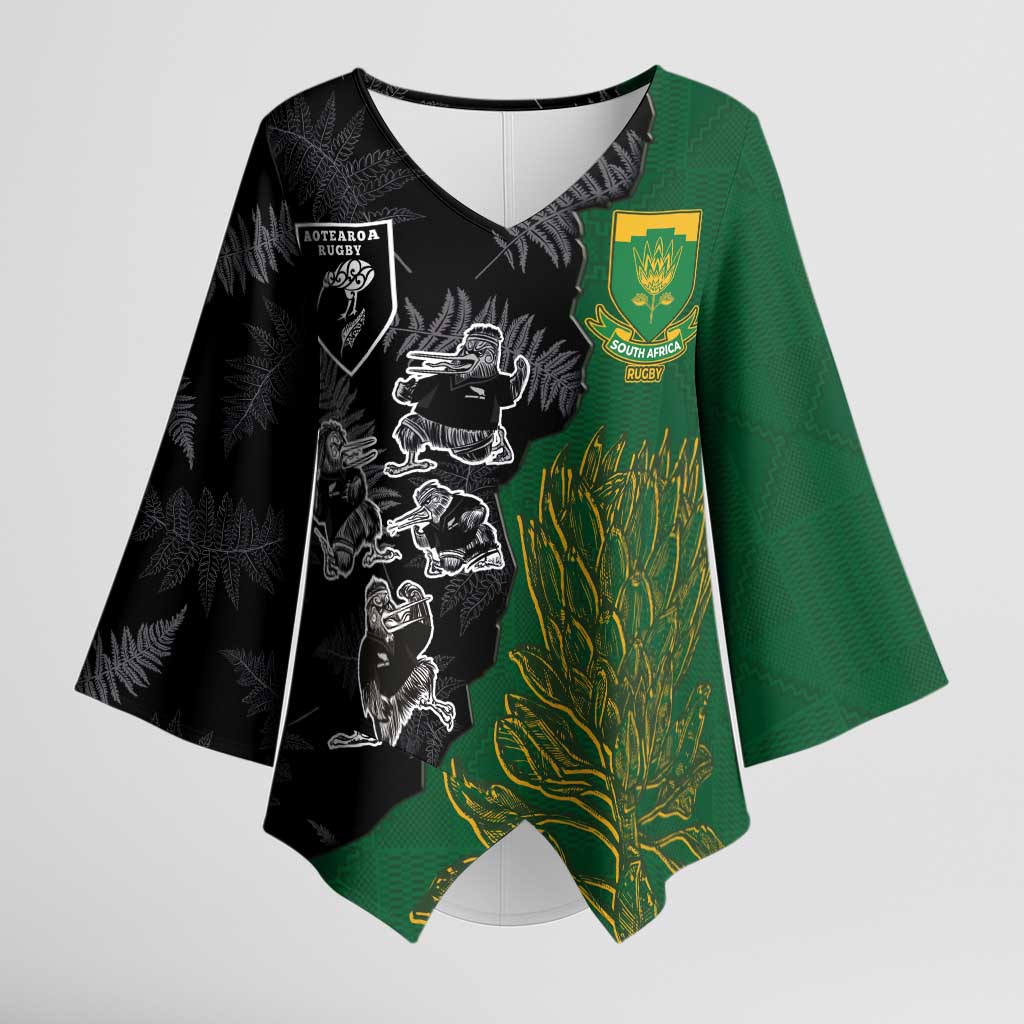Custom Aotearoa South Africa Rugby Freedom Cup Kimono Sleeve Blouse Kiwi Warriors Haka with King Protea Symbol LT03 Female Green - Polynesian Pride
